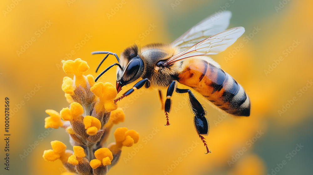 Poster a honeybee in mid-flight, isolated on a pastel yellow background, showcasing its tiny wings and fuzz