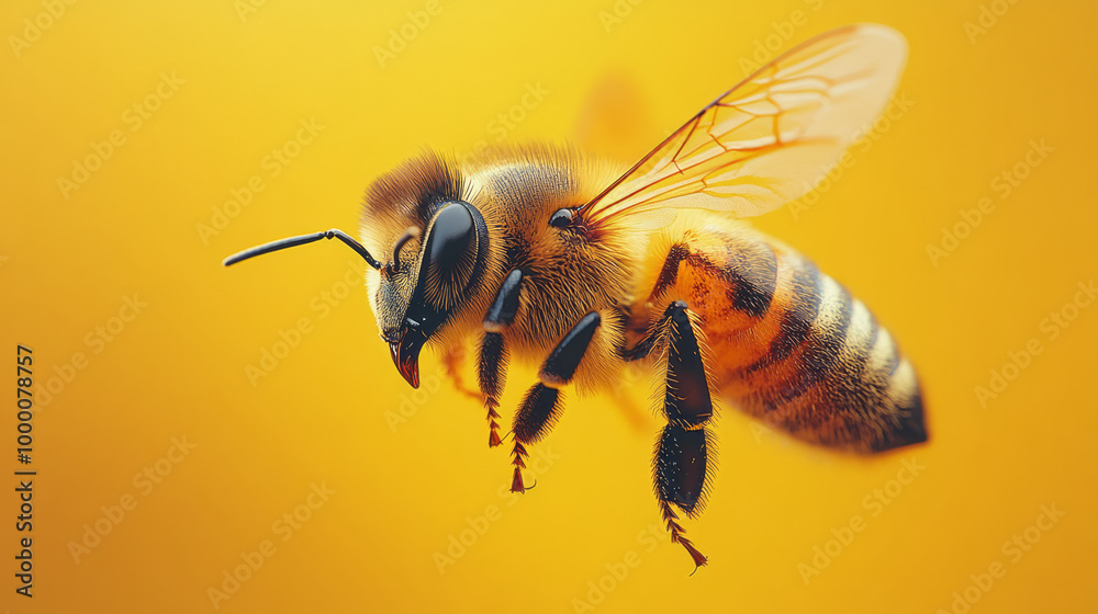 Poster a honeybee in mid-flight, isolated on a pastel yellow background, showcasing its tiny wings and fuzz