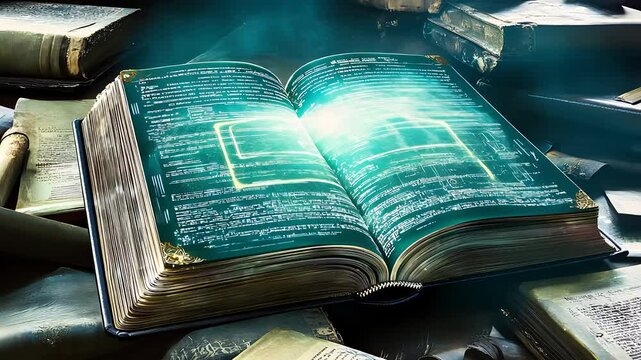 Futuristic Glowing Book with Digital Pages and Technological Symbols

