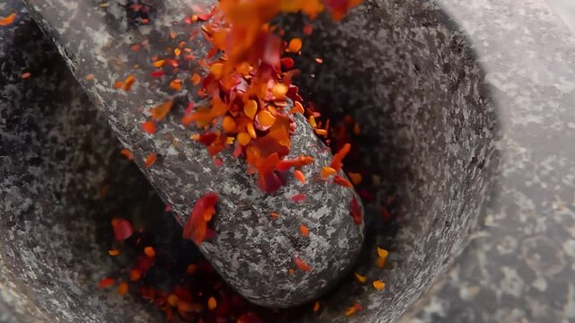 Close-up of the red hot chilli peppers falling into the stone mortar in slow motion. High quality 4k footage