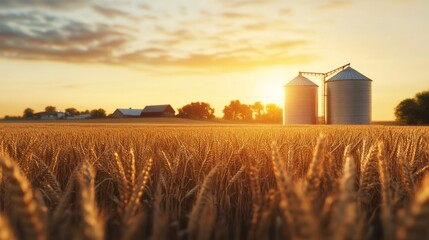 Golden wheat field with silos at sunset in rural farmland during harvest season