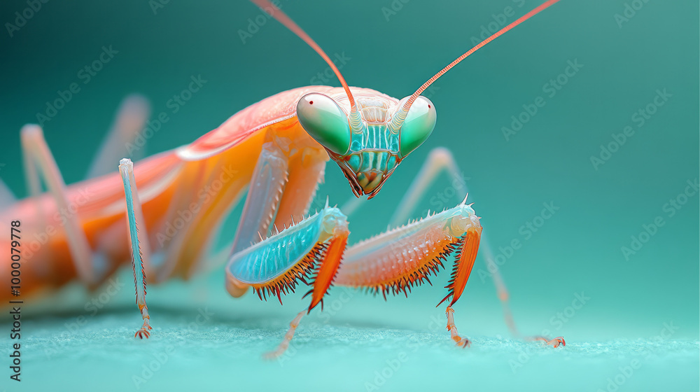 Poster a close-up of a praying mantis, isolated on a pastel green background, highlighting its unique form 