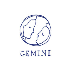 Gemini zodiac sign. Hand drawn sketch. Blue pen or marker drawing. Astrological calendar, zodiacal round. Vector horoscope