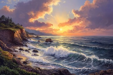 Fototapeta premium Coastal Sunset with Crashing Waves and a Dramatic Sky