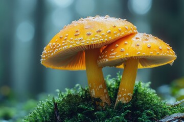 Whispers of Nature: A Close-Up of Two Mushrooms Nestled on Lush Green Moss