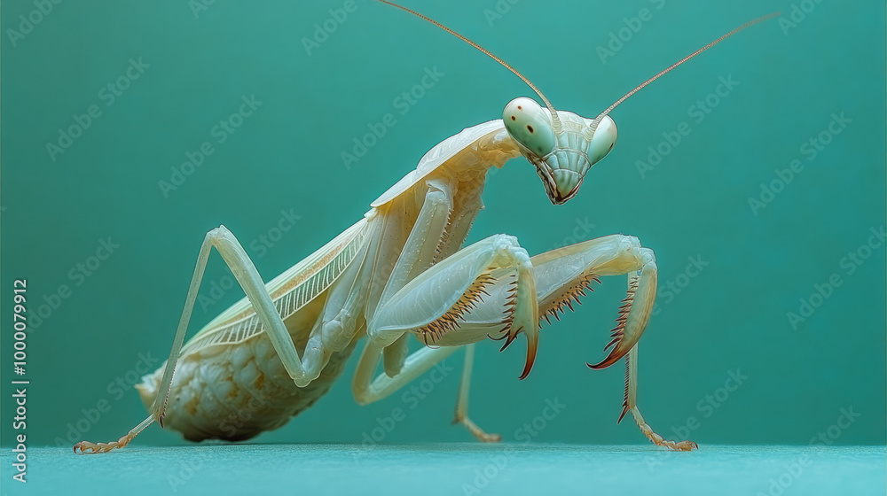 Poster a close-up of a praying mantis, isolated on a pastel green background, highlighting its unique form 
