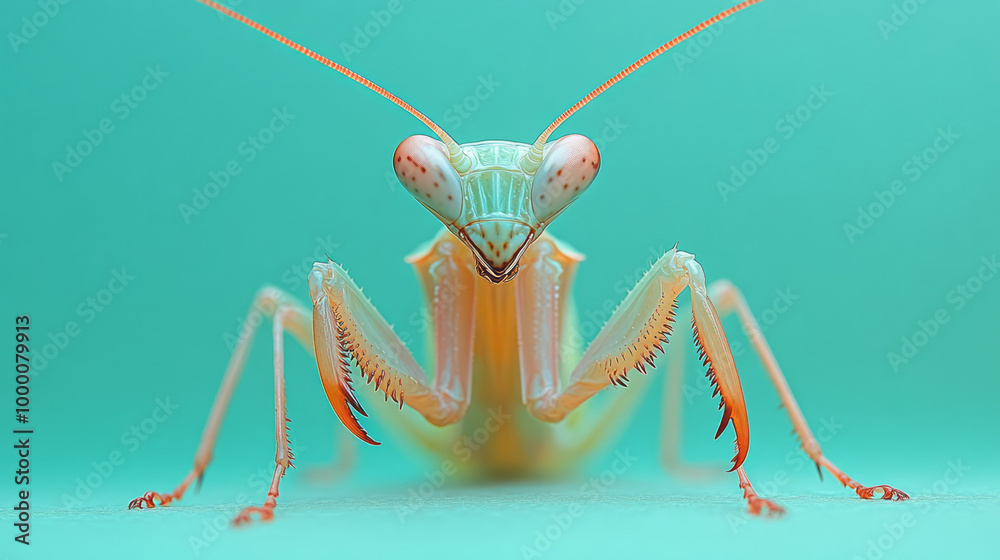 Poster a close-up of a praying mantis, isolated on a pastel green background, highlighting its unique form 