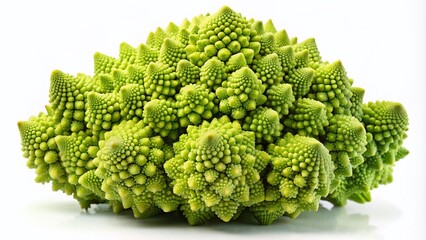 Fresh Romanesco Broccoli Head with Intricate Patterns and Vibrant Green Color on White Background