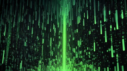 Fototapeta premium Abstract green digital rain with a bright glowing line in the center.