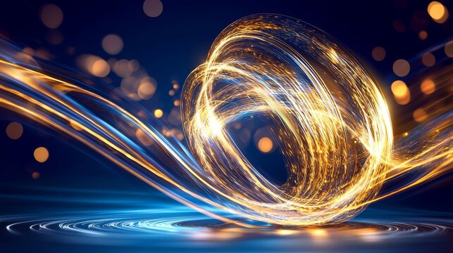 Swirling light patterns with glowing particles on a dark background creating an abstract visual effect.