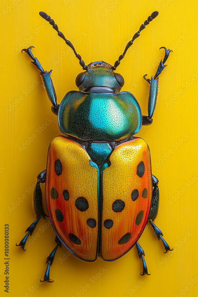 Poster a colorful beetle with a shiny shell, isolated on a pastel yellow background, showcasing its vibrant