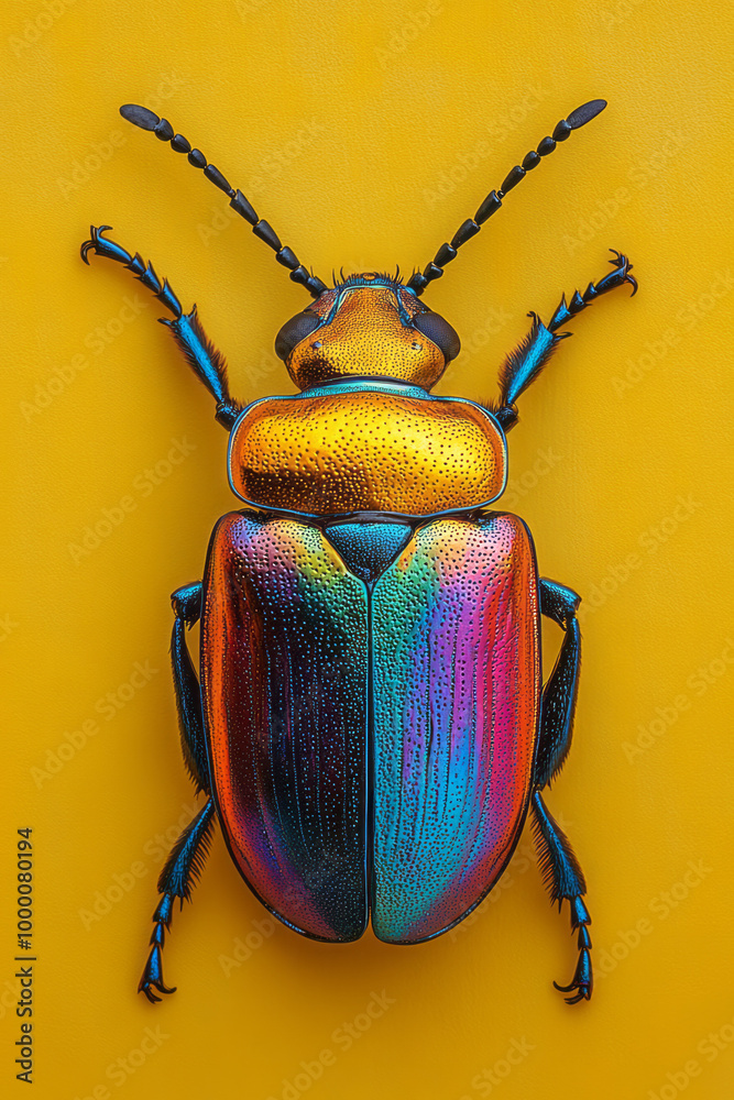 Poster a colorful beetle with a shiny shell, isolated on a pastel yellow background, showcasing its vibrant