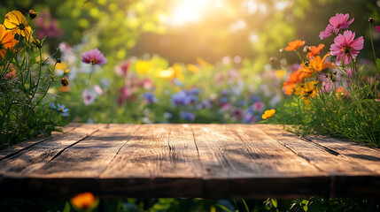 Fototapeta premium wooden table; empty table; nature background; flower field; sunny day; wildflowers; outdoor scene; summer; rustic; wood texture; sunlight; countryside; natural setting; table surface; landscape; rural