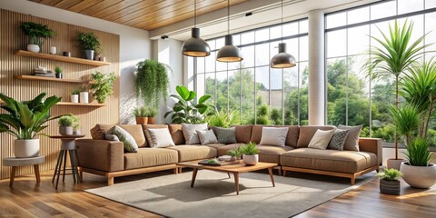 Tranquil Elegance Luxurious Brown Leather L-Shaped Sofa in Modern Living Room with Verdant View, Warm Lighting, and Nature-Inspired Decor - Ideal for Interior Design Inspiration