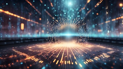 Fototapeta premium Abstract digital sphere with bright lights and streaks in a futuristic setting.