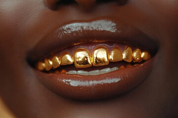 Smiling Individual Showcases Stunning Gold Dental Grills in Eye-Catching Closeup Shot