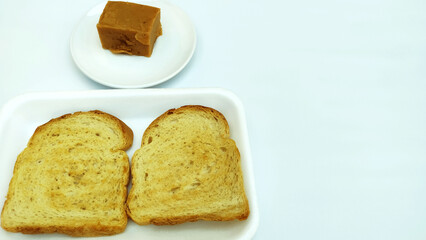 Toasts and banana sweet with copy space
