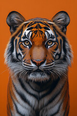 Fototapeta premium A detailed portrait of a Bengal tiger, isolated on a pastel orange background, capturing its striking stripes and fierce gaze,