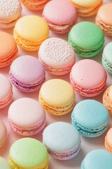 Obraz premium Colorful macarons arranged elegantly on a light background during a dessert showcase