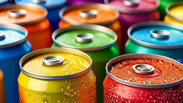A vibrant close-up shot of colorful soda cans with water droplets on their surfaces, indicating a cold, refreshing feel. The bright colors and condensation suggest a lively and refreshing summer vibe.