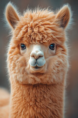 Fototapeta premium A portrait of a fluffy alpaca, isolated on a pastel pink background, with its curious expression and soft wool,