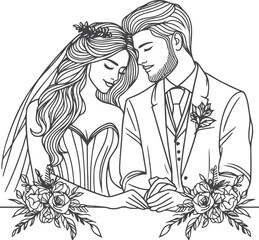 line art wedding husband wife, Mordan, kissing and romantic couple vector design.