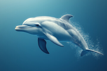 Fototapeta premium A portrait of a dolphin, isolated on a pastel blue background, capturing its playful smile and sleek form,