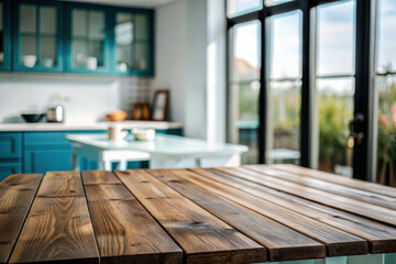 Rustic wooden table in a bright kitchen overlooking a vibrant garden on a sunny day. Generative AI