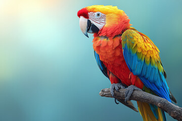 Obraz premium A vibrant macaw perched on a branch, isolated on a pastel blue background, showcasing its colorful feathers,