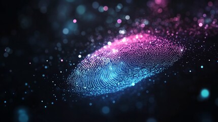 Colorful digital fingerprint pattern glowing against a dark background in modern technology design