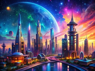 Obraz premium Futuristic City in Space with Advanced Architecture and Vibrant Colors Against a Starry Background