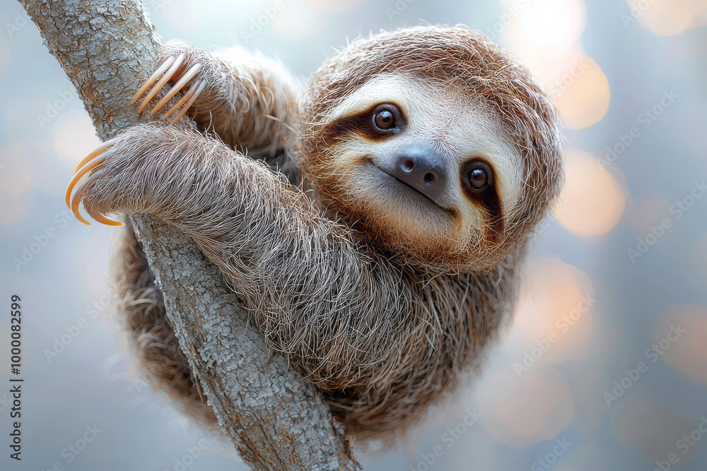 Poster a detailed portrait of a sloth hanging from a tree branch, isolated on a pastel gray background, emb