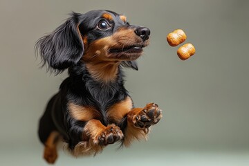 Dachshund Leaps for Joy Catching a Natural Dog Treat in a Studio Showcase of Pet Rewards