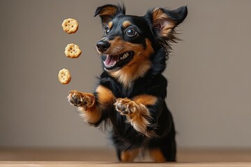 Dachshund Leaps for Joy Catching a Natural Dog Treat in a Studio Showcase of Pet Rewards