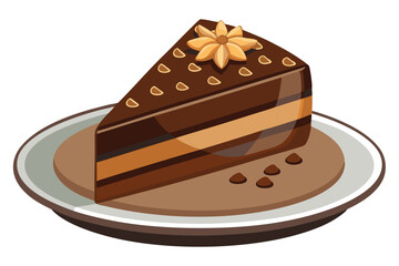 Chocolate Cake Slice with Ganache and Shavings on a Plate, vector illustration on white background.