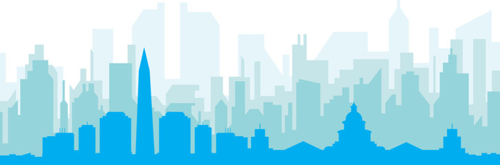 Blue panoramic city skyline poster with bluish misty transparent background buildings of WASHINGTON DC, UNITED STATES