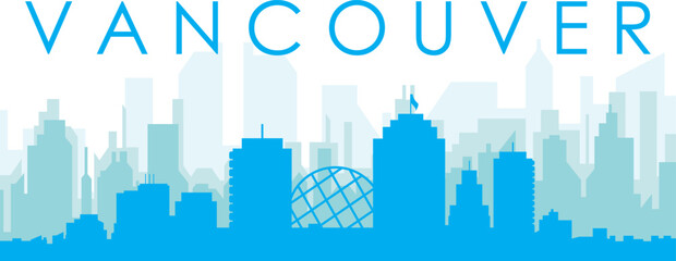 Obraz premium Blue panoramic city skyline poster with bluish misty transparent background buildings of VANCOUVER, CANADA