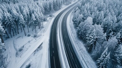 Fototapeta premium Aerial View of Snowy Road