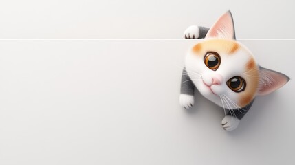 A cute cat is peeking out from behind a white board