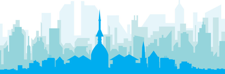 Fototapeta premium Blue panoramic city skyline poster with bluish misty transparent background buildings of TURIN, ITALY