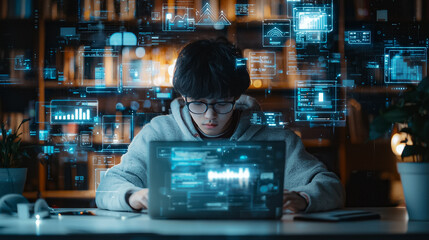 A young man is sitting at a desk with a laptop open in front of him