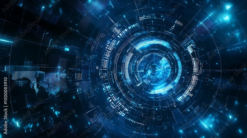 Poster abstract digital technology background with glowing blue lines and circles.