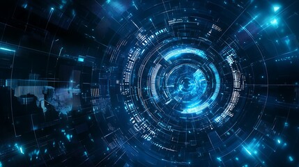 Abstract digital technology background with glowing blue lines and circles.