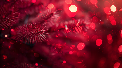 Fototapeta premium Closeup of Pine Christmas Plant with Red Bokeh Lights 