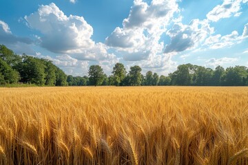 Golden Wheat Field Under a Clear Sky with Trees in the Distance