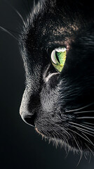 A close-up shot of a black cat&rsquo;s face, showcasing its striking features, expressive eyes, and sleek fur, capturing the essence of feline elegance.