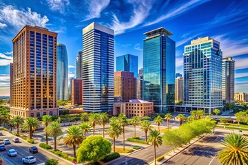 Obraz premium Futuristic Skyscrapers Against a Bright Blue Sky in Phoenix Arizona Showcasing Modern Architecture