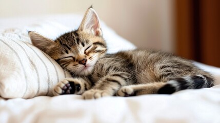 Cozy Tabby Kitten Sleeping Peacefully on Soft Blanket