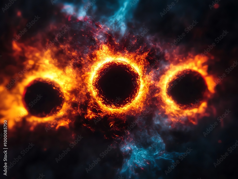 Wall mural a captivating image of three fiery circles resembling burning rings in a cosmic, dark backdrop with 