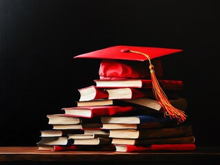 A stack of books topped with a red graduation cap, symbolizing education, achievement, and knowledge against a dark background.